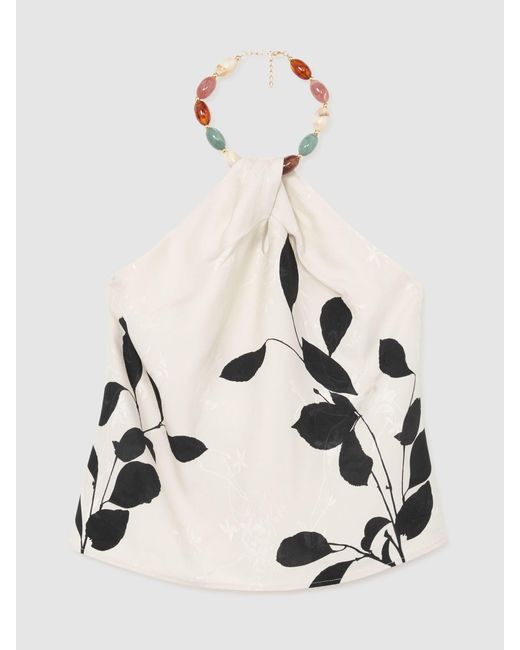 Reiss White Jacquard Printed Beaded-Halterneck Top