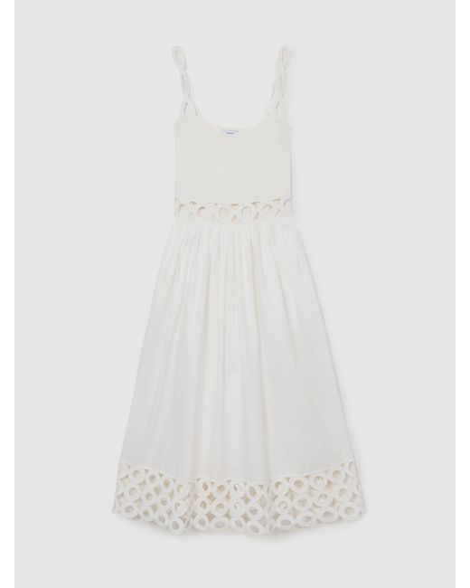 Reiss White Rita Rib-Knit Woven Mix Cut-Out Midi Dress