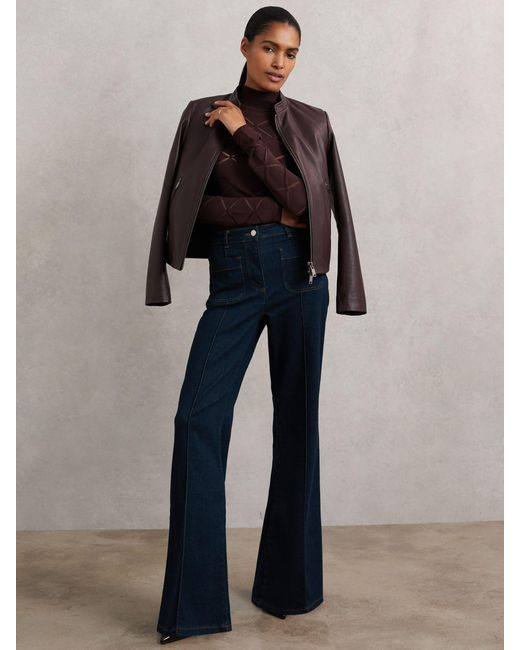 Reiss Brown Laser-Cut Funnel-Neck Knit Top