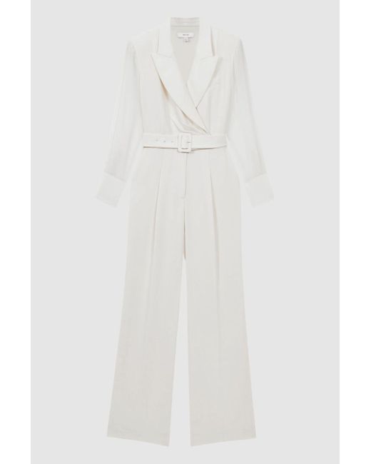 Reiss White Flora - Ivory Sheer Belted Double Breasted Jumpsuit