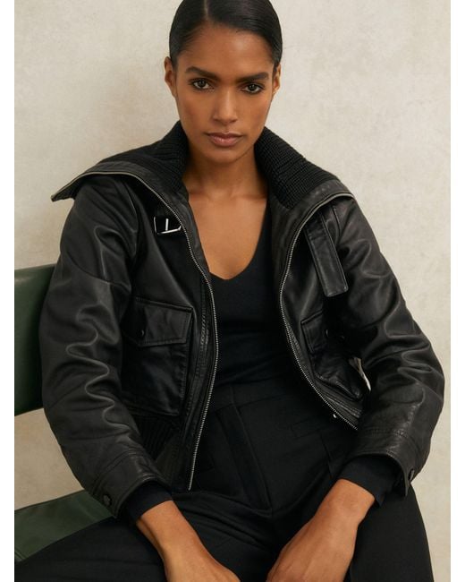 Reiss Black Atelier Leather Rib-Trim Jacket