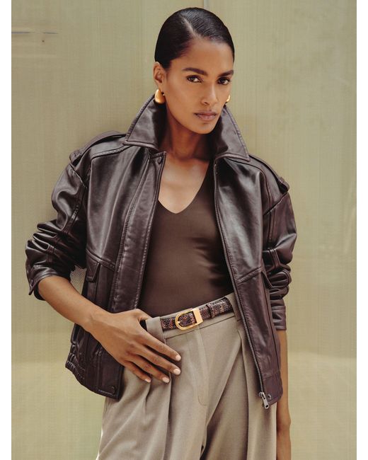 Reiss Brown Peyton Oversized Leather Jacket