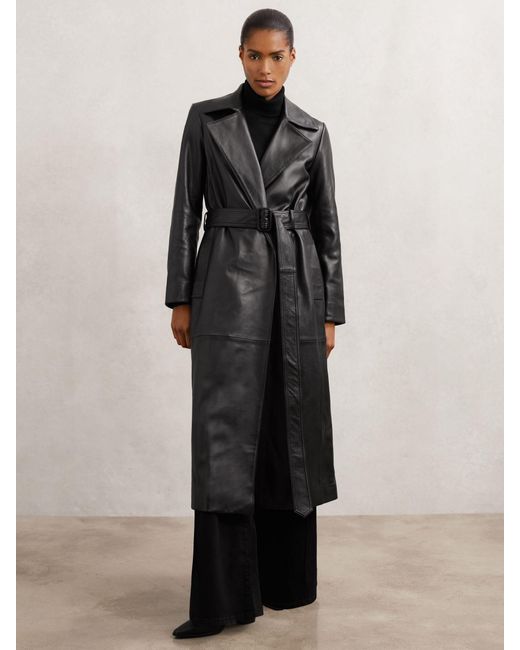 Reiss Estee - Black Leather Trench Coat With Shearling Collar, Us 8