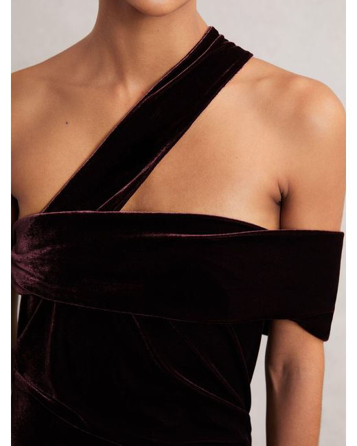 Reiss Black Velvet One-Shoulder Midi Dress