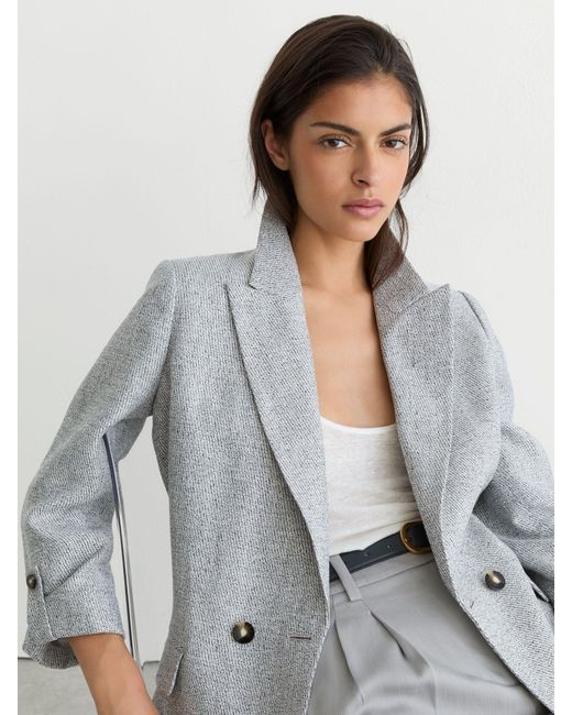 Reiss Gray Linen-Blend Textured Double-Breasted Blazer