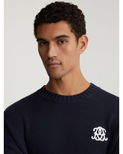 Reiss Blue Monogram-Embroidered Relaxed Jumper for men