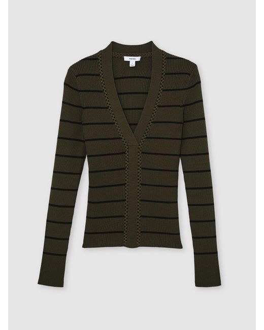Reiss Gray Khaki & Stripe Craft-Stitch Rib-Knit Top