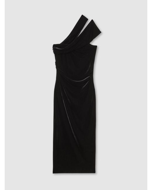 Reiss Dalia - Black Velvet One-shoulder Midi Dress, Us 12