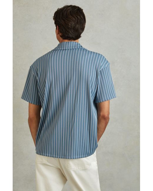 Reiss Neptune - White/soft Blue Ribbed Striped Cuban Collar Shirt, S for men