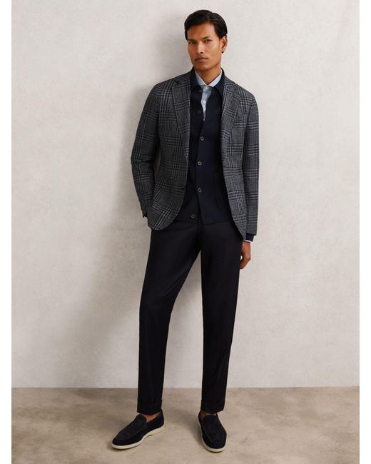 Reiss Blue Wool-Blend Check Single-Breasted Blazer Tailored-Fit for men