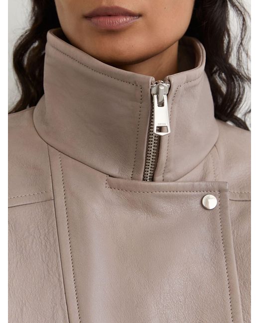 Reiss Natural Petra - Grey Petite Textured Leather Oversized Jacket, Us 8