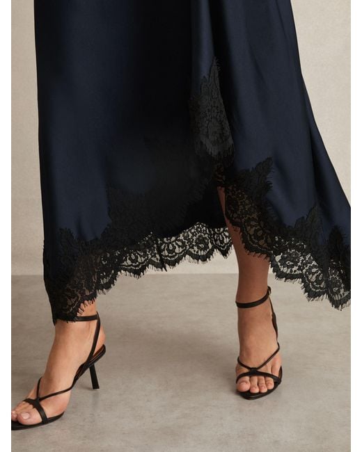 Reiss Blue Anais Satin Drape Lace-Trim Dress
