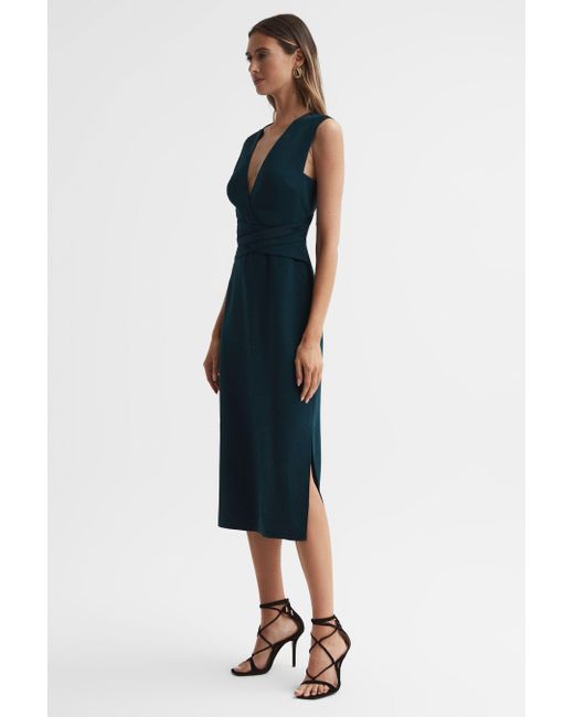 Reiss Blue Jayla Cross-over Slim-fit Woven Midi Dress