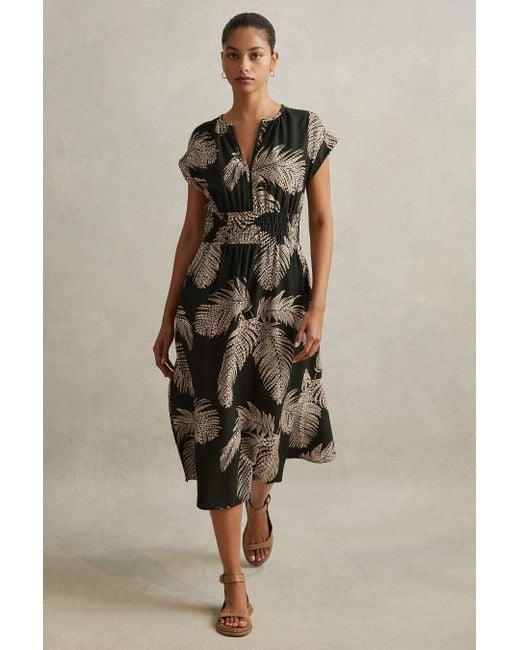 Reiss Natural Colby - Khaki Tropical Print Elasticated Waist Midi Dress