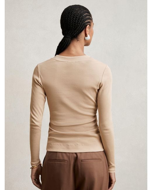 Reiss Natural Tessa Cotton Long-Sleeve Ruched T-Shirt With Stretch