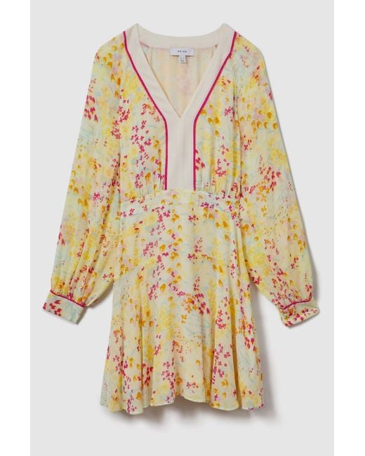 Reiss Natural Floral Print Puff Sleeve Mini Dress