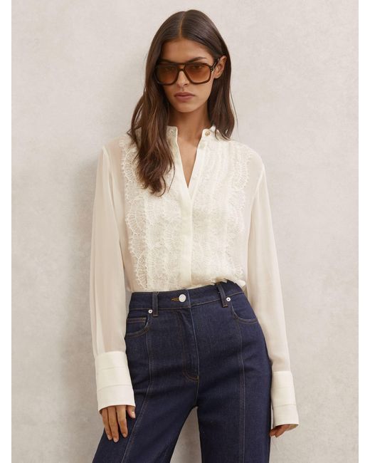 Reiss Blue Lace-Trim Sheer Button-Through Blouse