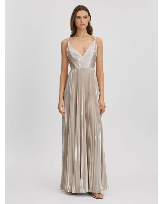 Halston Heritage Natural Metallic Pleated Maxi Dress