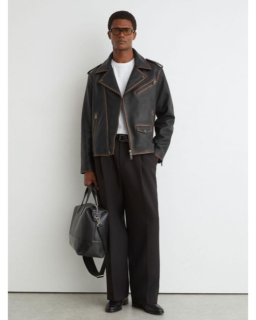 Reiss Black Leather Burnished-Detail Biker Jacket for men