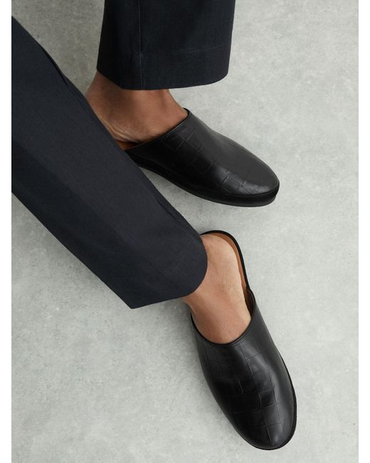 Reiss Black Leather Checkerboard-Embossed Mules for men