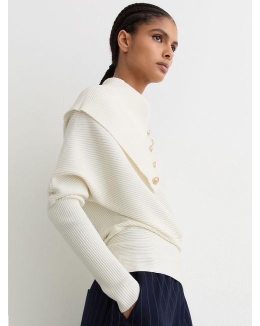 Reiss White Lexi - Ivory Rib-knit Button Shawl Jumper, Small (us 4-6)