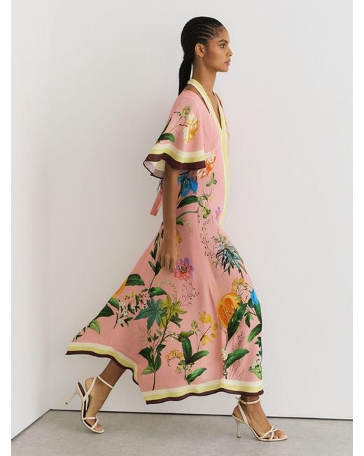 Reiss White Flossy - Pink Floral-print Cut-out Midi Dress, Us 4
