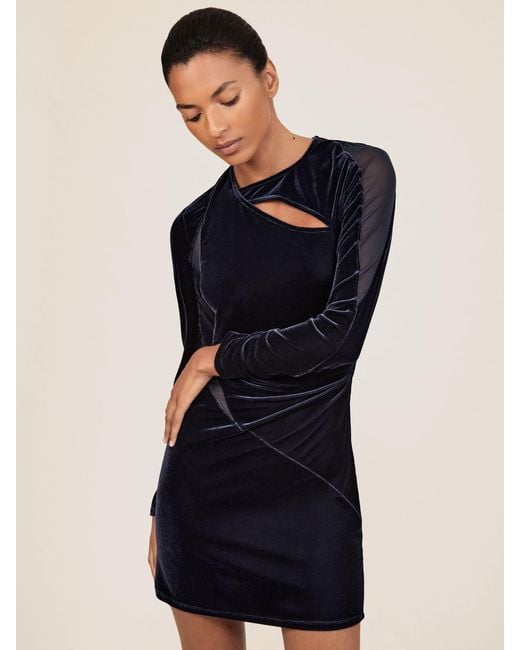 Reiss Blue Ruched Velvet Mesh Panel Mini Dress