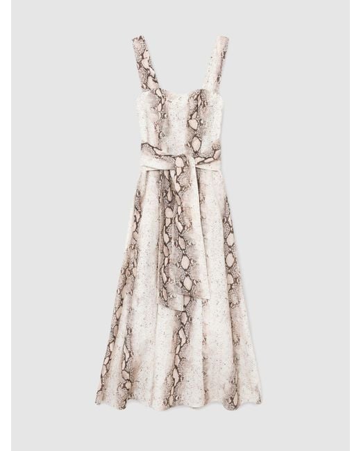 Reiss Natural Amy - Neutral Linen-blend Snake-print Midi Dress, Us 6