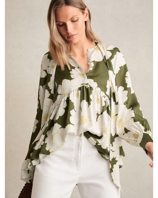 Reiss Natural Floral Tie-Neck Swing Blouse