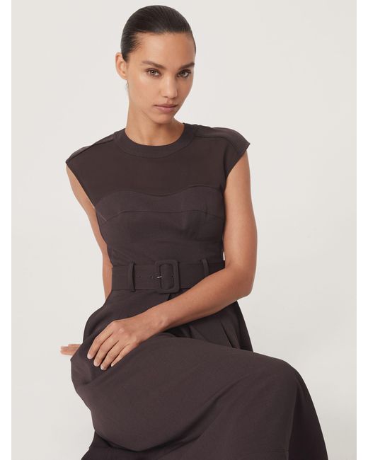 Reiss Black Mesh-Panel Belted Pleated Midi Dress