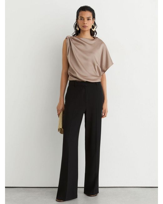 Reiss Brown Satin Draped One-Shoulder Top
