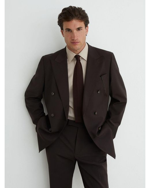 Reiss Gray Wool-Blend Double-Breasted Suit Blazer Tailored-Fit for men