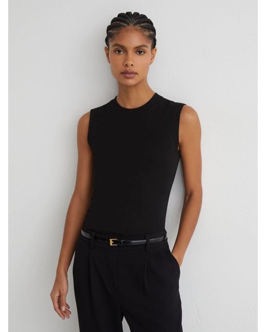 Reiss Black Fine-Rib Ruched Vest Top