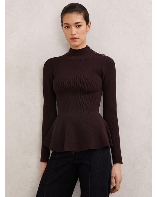 Reiss Blue Rib-Knit High-Neck Peplum Top