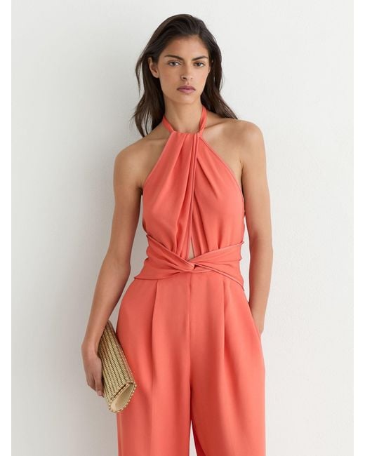 Reiss Red Twist-Front Halterneck Wide-Leg Jumpsuit