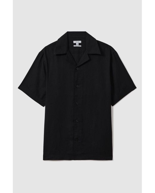 Reiss Beldi - Black Relaxed Linen Cuban Collar Shirt for men