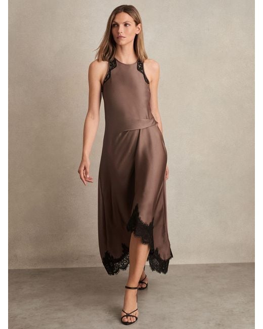 Reiss Brown Lace Trim Midi Dress