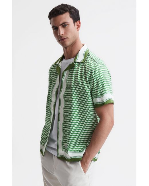 Reiss Vanpelt - Green/ivory Printed Cuban Collar Short Sleeve Shirt, Uk 2x-large for men