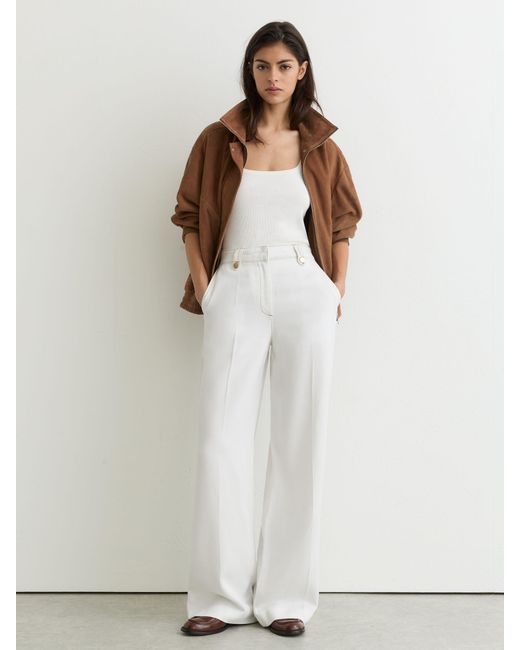 Reiss Gray Lyocell Topstitched Wide-Leg Trousers