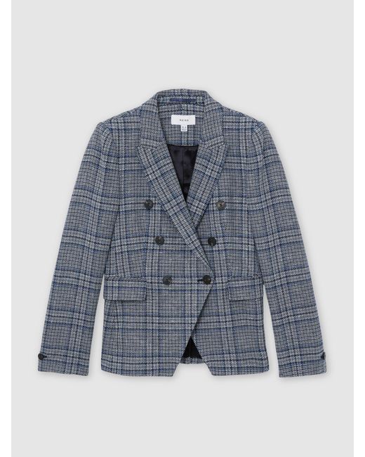 Reiss Blue Check Larissa Double-Breasted Check Blazer Cotton-Linen