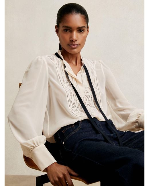 Reiss Natural Lace-Embroidered Tie-Neck Shirt