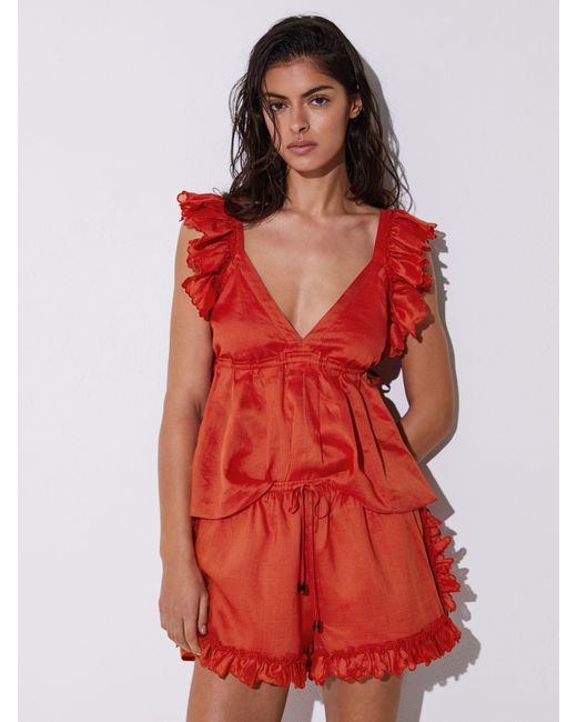 Reiss Red Brook - Orange Ruffle-trim Drawstring Shorts, Us 0