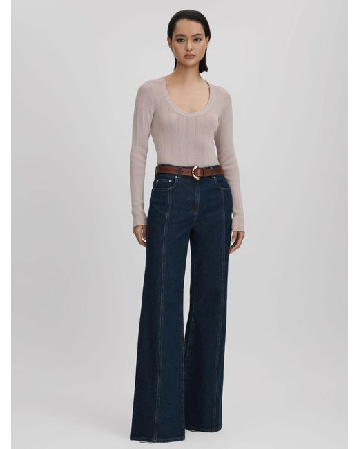 Reiss Blue Sierra - Neutral Knitted Scoop Neck Top, M (us 8-10)
