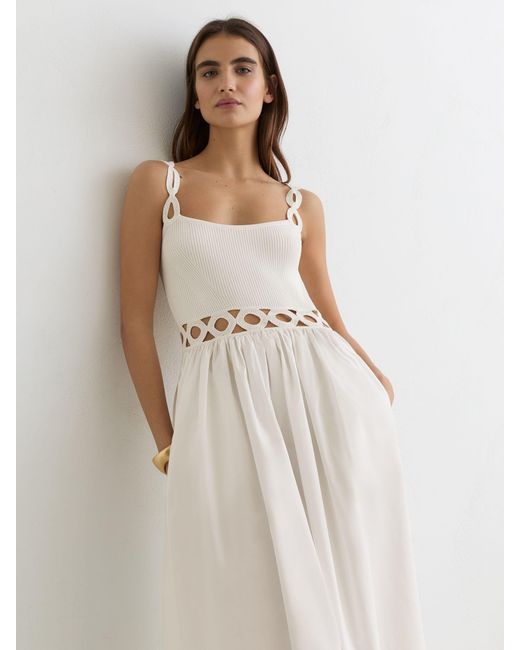 Reiss White Rita Rib-Knit Woven Mix Cut-Out Midi Dress