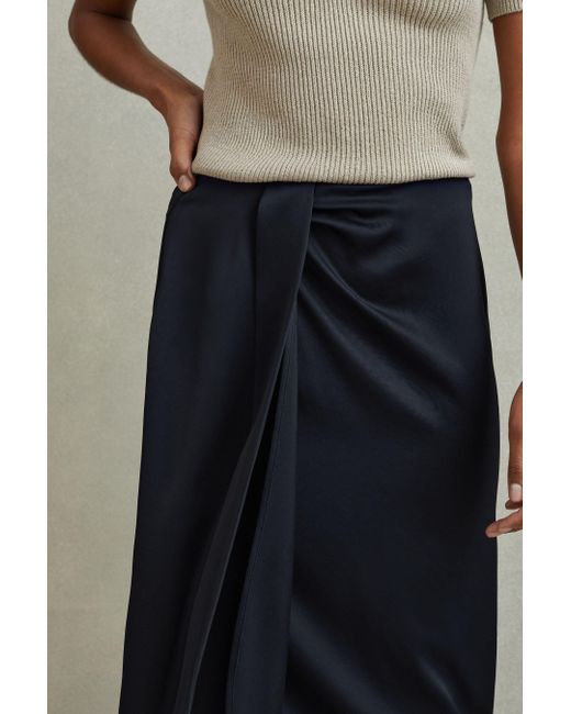 Reiss Blue Bella - Navy High Rise Wrap Midi Skirt