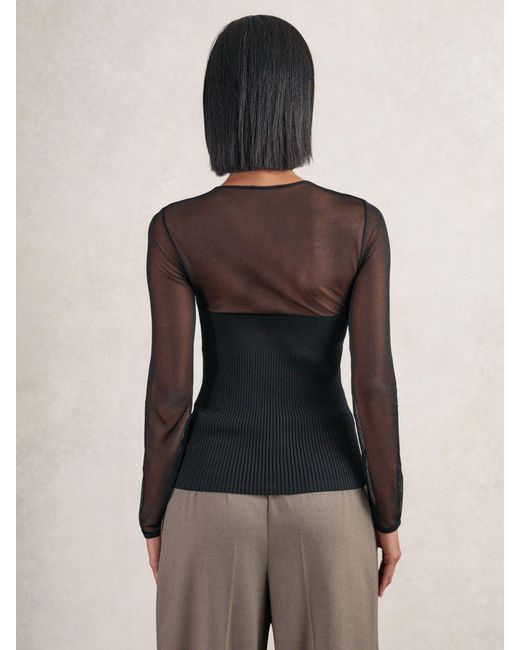 Reiss Brown Mesh Knit Sweetheart Long-Sleeve Top
