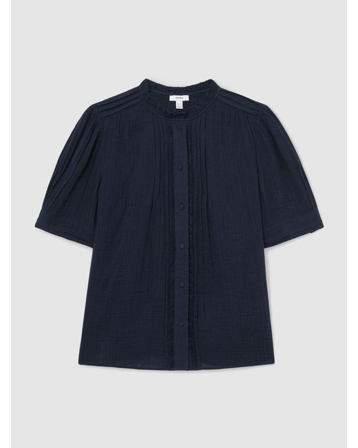 Reiss Blue Cotton Muslin Frill-Neck Top