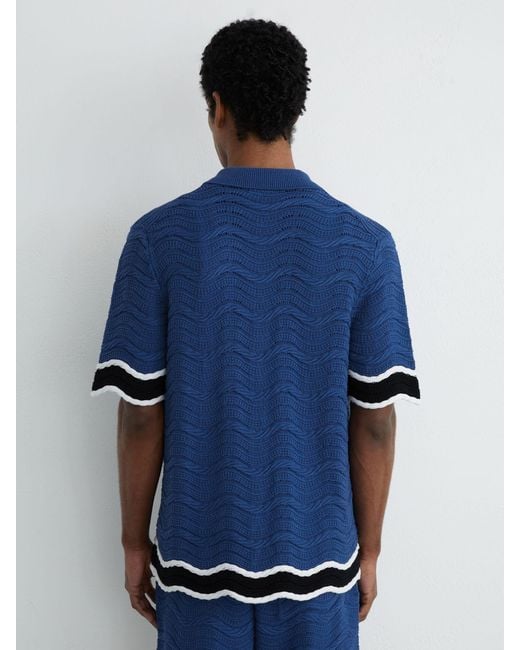 Reiss Blue Cotton-Blend Wave-Knit Tipped Shirt for men