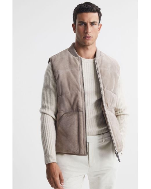 Reiss Brown Cobar - Taupe Suede Quilted Sleeveless Gilet for men