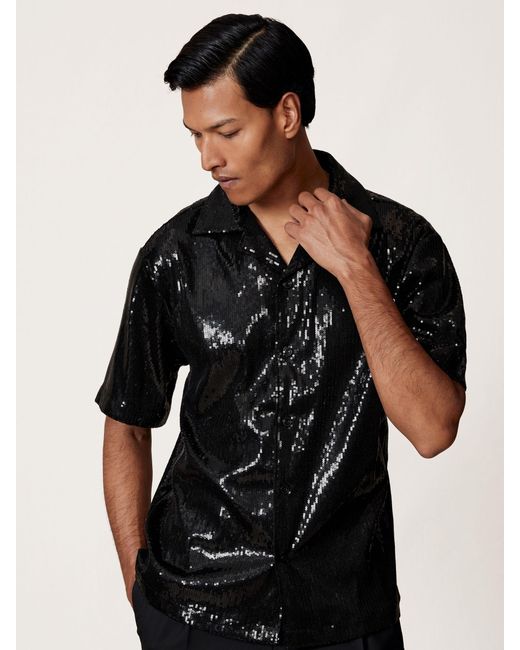 Reiss King - Black Sequin Cuban-collar Shirt, Xl for men